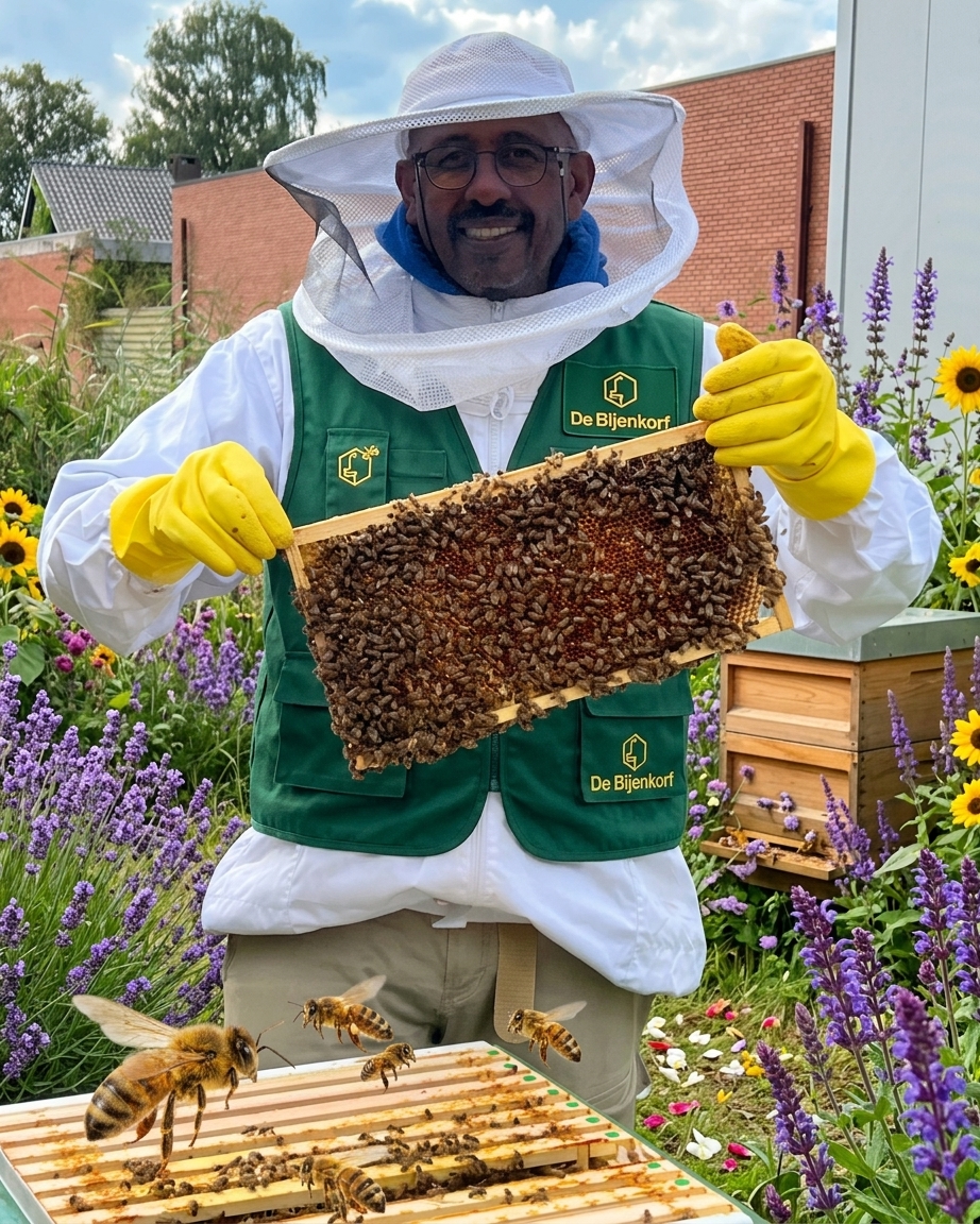 Beekeeper in white protective suit holding a honeycomb frame in a garden beekeeping scene
